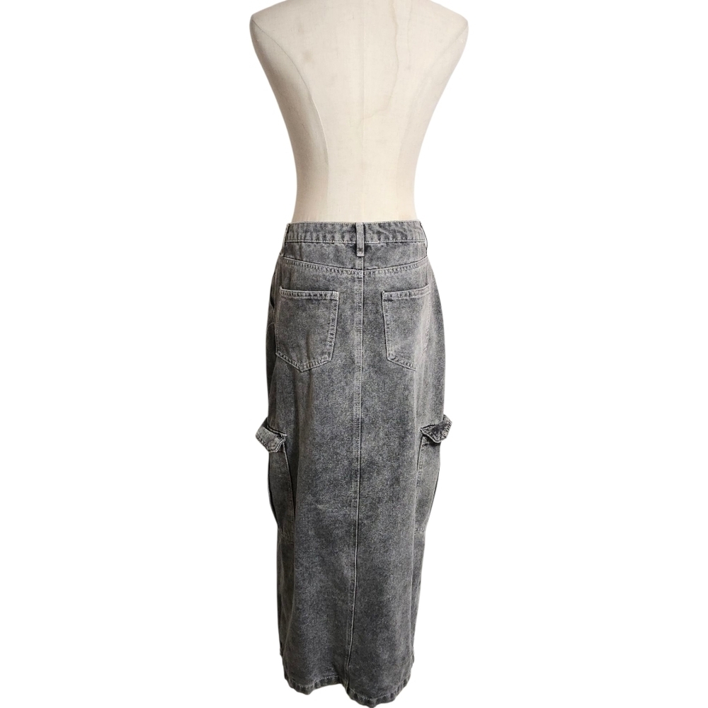 Love Fire Distressed Black Denim Slit Maxi Cargo Skirt